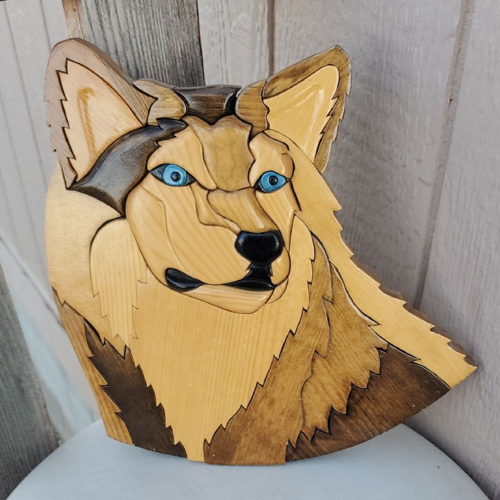 Mark Mayhew Handcrafted Wolf Intarsia Art – Signed 2014  🐺  Rustic Farmhouse